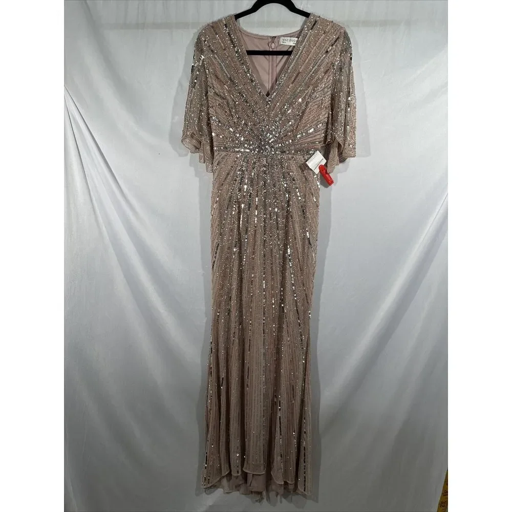 NWT $698 Mac Duggal [ 4 ] Sequined V-Neck Cape Sleeve‎ Column Gown Rose #G1859